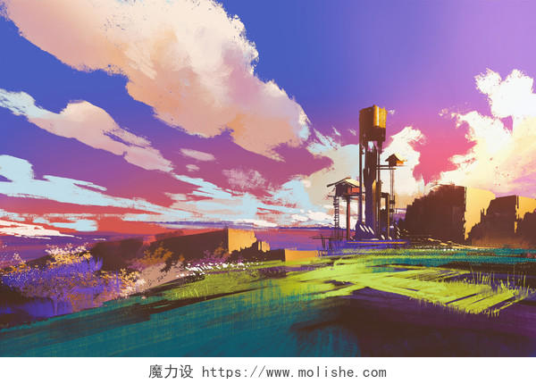色彩斑斓的天空下乡村景观插图绘画